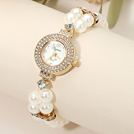 SECRET BOX_Stainless Steel Stretchable Pearl Strap Double Rhinestone Paved Rim Quartz Watch