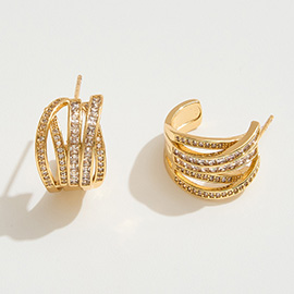 14K Gold Dipped CZ Stone Paved Layered Chunky Hoop Earrings