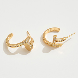 14K Gold Dipped CZ Stone Paved Nail Mini Hoop Earrings