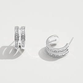 White Gold Dipped CZ Stone Paved Split Mini Hoop Earrings
