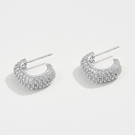 White Gold Dipped CZ Stone Paved Mini Open Square Hoop Earrings