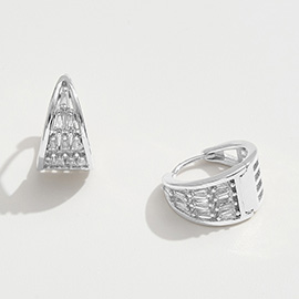 White Gold Dipped CZ Stone Accent Geometric Triangle Mini Huggie Hoop Earrings