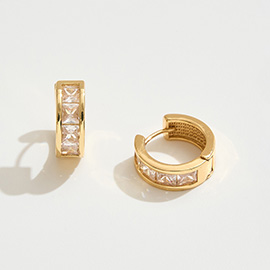 14K Gold Dipped Princess Cut CZ Stone Channel Mini Huggie Hoop Earrings