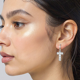 White Gold Dipped T-Shaped CZ Stone Cluster Charm Dangle Huggie Hoop Earrings