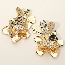 Stone Accent Hammered Metal Petal Flower Link Drop Statement Earrings