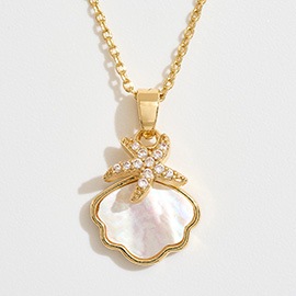14K Gold Dipped CZ Stone Paved Starfish Mother of Pearl Shell Pendant Necklace