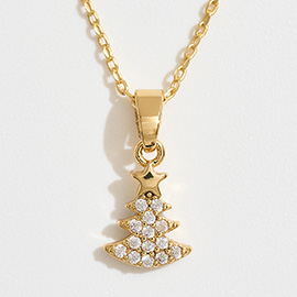 14K Gold Dipped CZ Stone Paved Christmas Tree Pendant Necklace