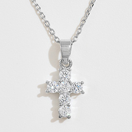 White Gold Dipped CZ Stone Cross Pendant Necklace