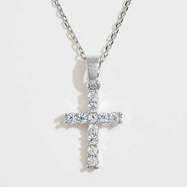 White Gold Dipped CZ Stone Cross Pendant Necklace