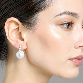 White Gold Dipped CZ Stone Paved Pearl Tip Huggie Hoop Earrings