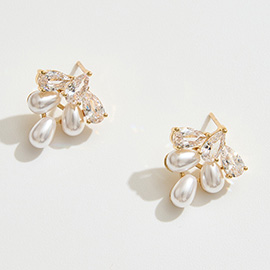 14K Gold Dipped Teardrop CZ Stone Pearl Cluster Stud Earrings