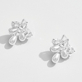 White Gold Dipped Teardrop CZ Stone Pearl Cluster Stud Earrings