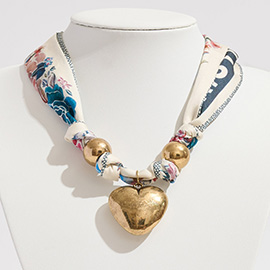 Gold Dipped Puffy Heart Charm Fabric Scarf Necklace / Adjustable Bracelet / Bag Charm