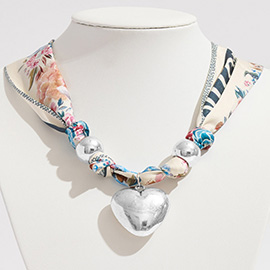 Gold Dipped Puffy Heart Charm Fabric Scarf Necklace / Adjustable Bracelet / Bag Charm