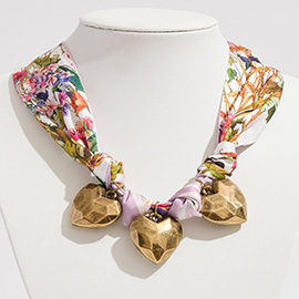 Gold Dipped Triple Puffy Heart Charm Fabric Scarf Necklace / Adjustable Bracelet / Bag Charm
