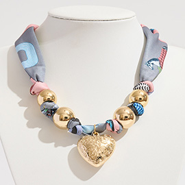 Gold Dipped Puffy Textured Heart Charm Accent Fabric Scarf Necklace / Adjustable Bracelet / Bag Charm
