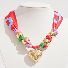 Gold Dipped Puffy Textured Heart Charm Accent Fabric Scarf Necklace / Adjustable Bracelet / Bag Charm