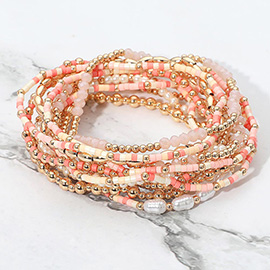12PCS - Pearl Metal Ball Seed Faceted Beaded Stretch Multi Layered Bracelets