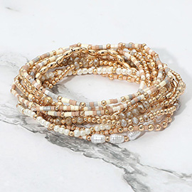 12PCS - Pearl Metal Ball Seed Faceted Beaded Stretch Multi Layered Bracelets