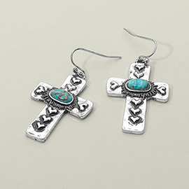 Vintage Western Oval Stone Accent Heart Embossed Cross Dangle Earrings