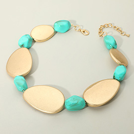 Bold Brushed Metal Plate Marbled Pebble Beaded Statement Necklace
