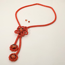 Round Stone Pointed Bling Studded Flower Pendant Long Necklace