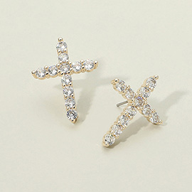 14K Gold Plated CZ Stone Cluster Cross Stud Earrings