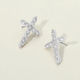14K Gold Plated CZ Stone Cluster Cross Stud Earrings