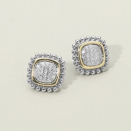 14K Gold Plated CZ Stone Paved Two Tone Square Stud Earrings