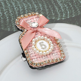Bow Pearl Rim Number Five Accent Tweed Perfume Bottle Pin Brooch Hair Clip