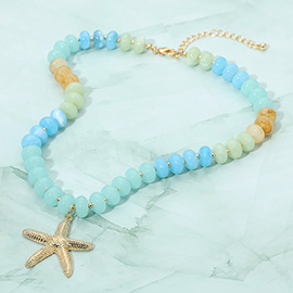 Textured Metal Starfish Pendant Resin Disc Beaded Statement Necklace