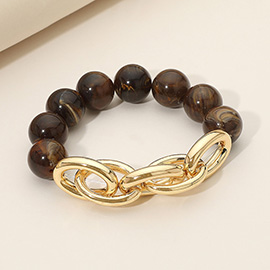 Metal Chain Link Accent Marbled Ball Beaded Stretch Bracelet
