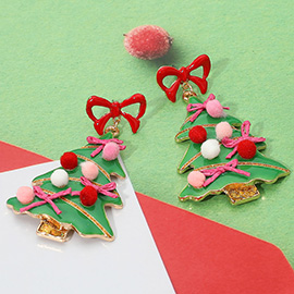 Enamel Bow Pom Pom Christmas Tree Dangle Earrings