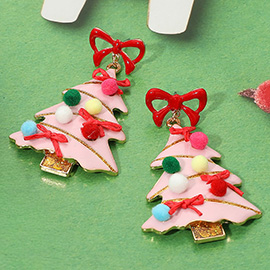 Enamel Bow Pom Pom Christmas Tree Dangle Earrings