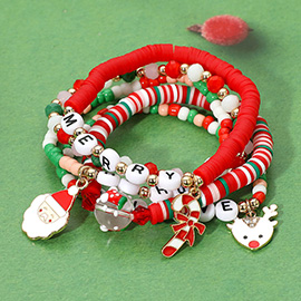 5PCS - Santa Candy Cane Reindeer Charm MERRY HOHOHO Message Heishi Beaded Stretch Multi Layered Bracelets
