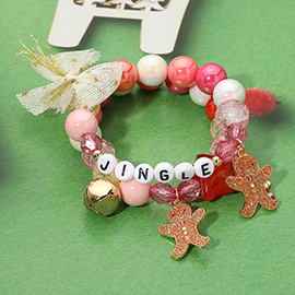 2PCS - JINGLE Gingerbread Man Charm Bow Beaded Stretch Multi Layered Bracelets