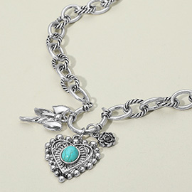 Vintage Metal Turquoise Stone Center Heart Rose Bow Pendant Chunky Chain Necklace