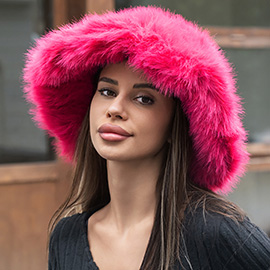 Wide Brim Faux Fur Winter Bucket Hat