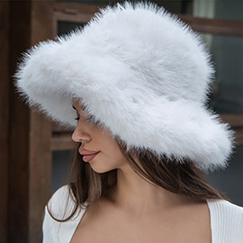 Wide Brim Faux Fur Winter Bucket Hat