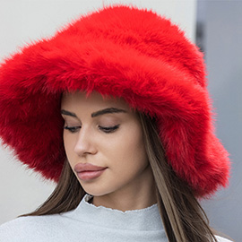 Wide Brim Faux Fur Winter Bucket Hat