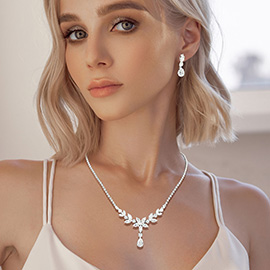 CZ Marquise Flower Stone Cluster Accent Rhinestone Paved Necklace