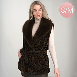 Faux Fur Wide Collar Belted Vest