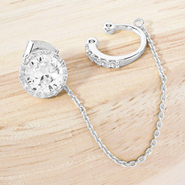 White Gold Dipped Round CZ Stone Accent Chain Ear Cuff Earrings