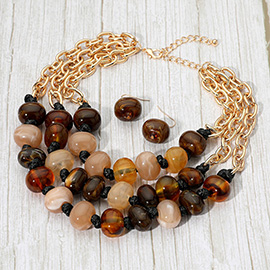 Chunky Marbled Resin Pebble Beaded Triple Layered Strand Statement Necklace