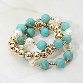 3PCS - Round Pearl Mixed Beaded Stretch Multi Layered Bracelets