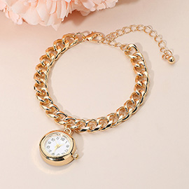 Gold Dipped Round Watch Charm Classic Chain Bracelet