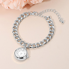 Silver Dipped Round Watch Charm Classic Chain Bracelet