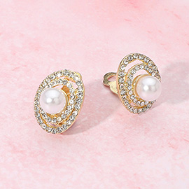 Rhinestone Halo Pearl Clip On Earrings