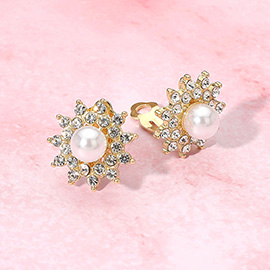Radiant Stone Paved Floral Pearl Clip On Earrings