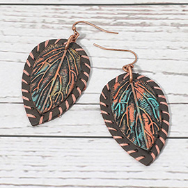 Stitched Faux Leather Layered Metal Leaf Dangle Earrings